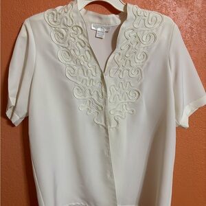 Susan Graver Cream Short Sleeve Embellished Blouse